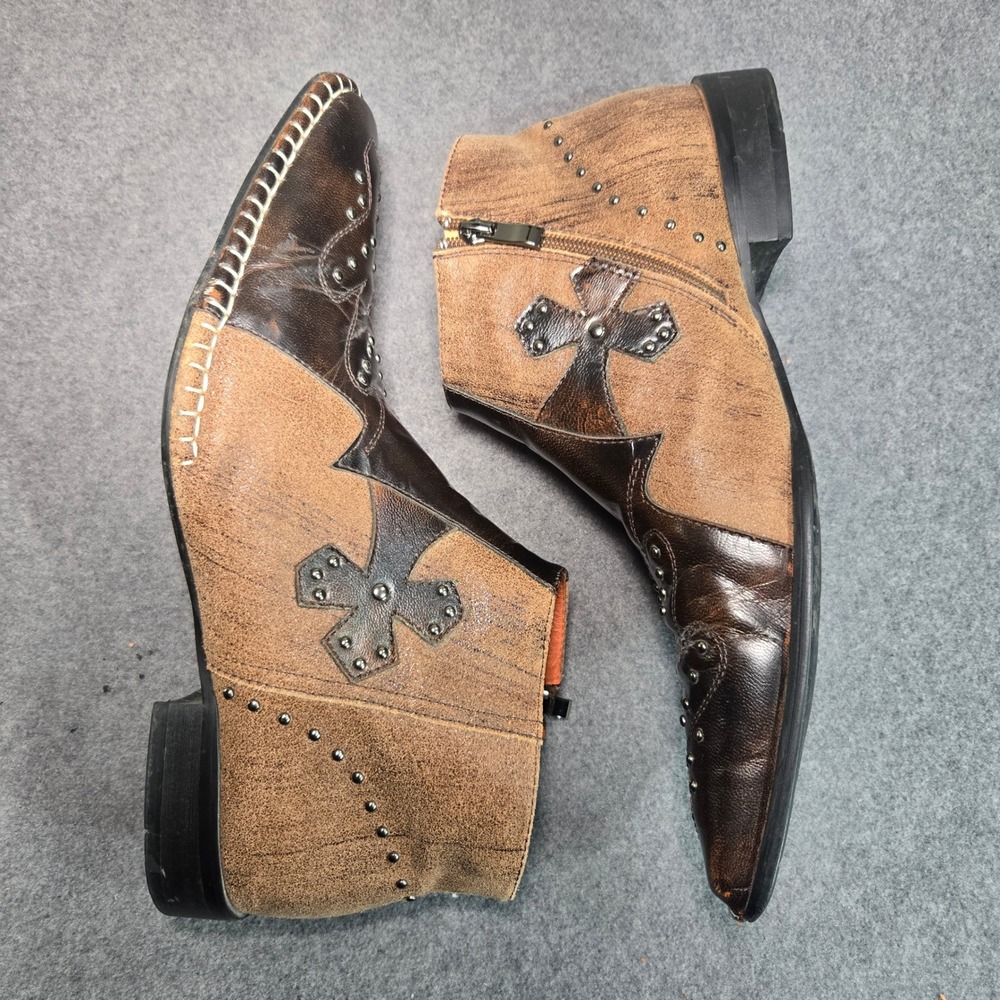 Robert Wayne Mens Brown Leather Studded Cross Ankle Boots Western Pointed Zipper